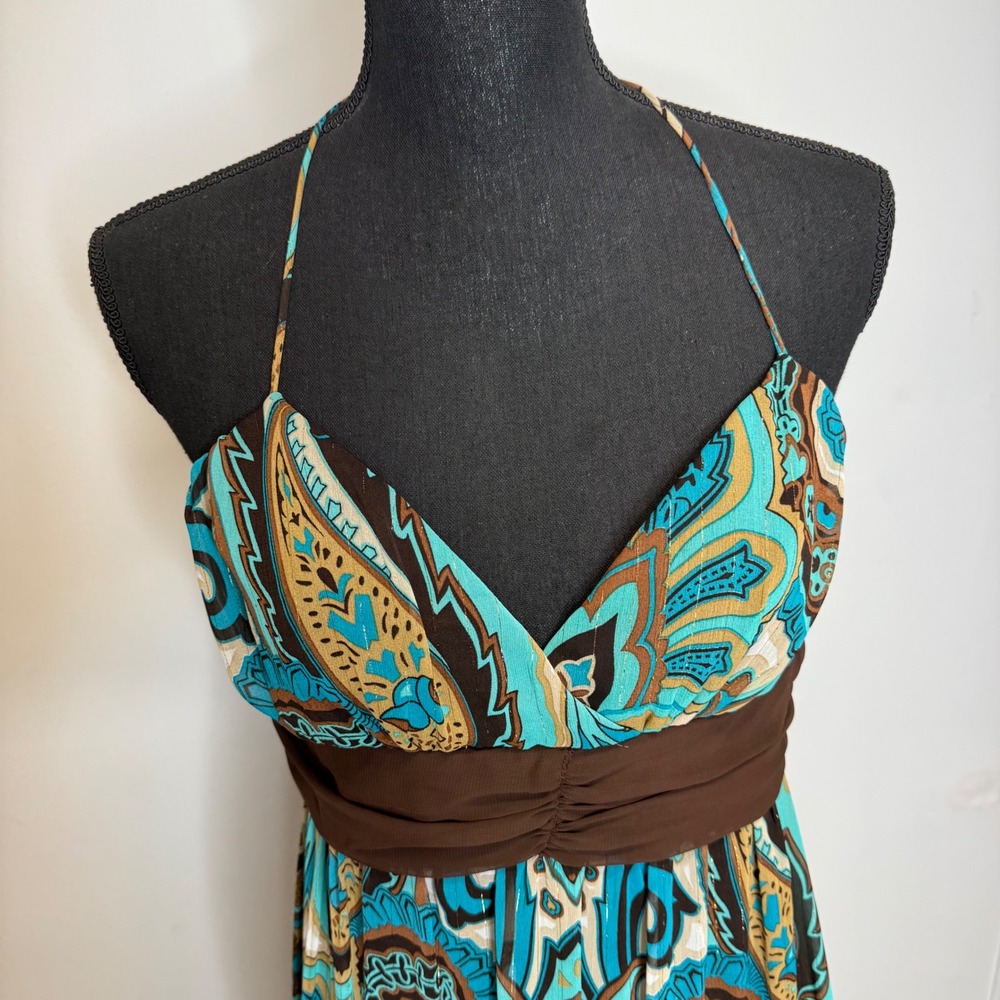 Y2K Vintage Love Tease Womens Paisley Halter Maxi Dress Turquoise Brown Size 9